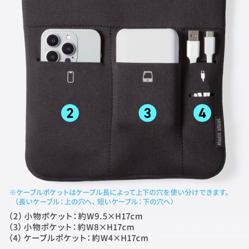 ノートパソコンケース（13.3型・14型ワイド対応・インナーケース・外ポケット付・周辺機器収納・通勤用・オフィス移動用・ブラック）