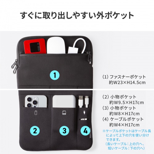 ノートパソコンケース（13.3型・14型ワイド対応・インナーケース・外ポケット付・周辺機器収納・通勤用・オフィス移動用・ブラック）