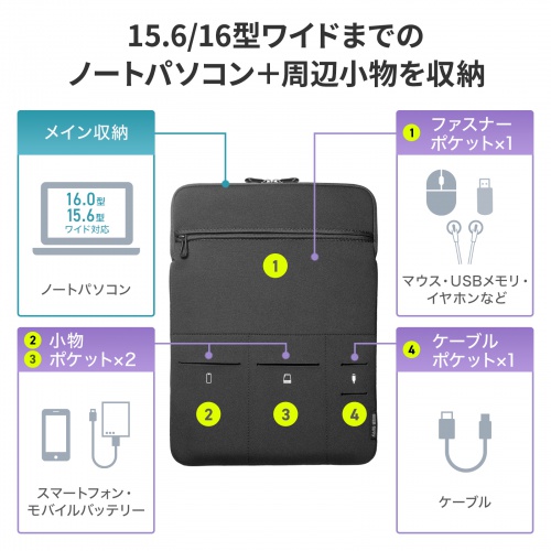 ノートパソコンケース（15.6型・16型ワイド対応・インナーケース・外ポケット付・周辺機器収納・通勤用・オフィス移動用・ブラック）