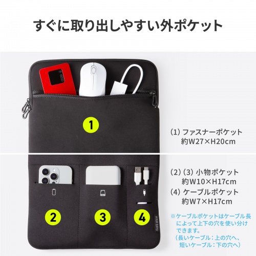 ノートパソコンケース（15.6型・16型ワイド対応・インナーケース・外ポケット付・周辺機器収納・通勤用・オフィス移動用・ブラック）
