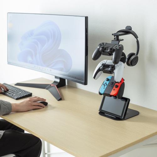 ゲームコントローラースタンド（ゲームパッドスタンド・ヘッドホンホルダー付き・ブラック）