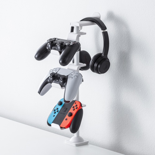 ゲームコントローラースタンド（クランプ固定・ゲームパッドスタンド・ヘッドホンスタンド・収納スタンド・4段・ホワイト）