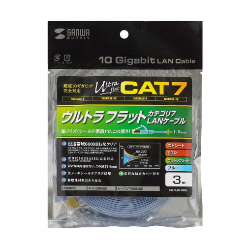 LANケーブル（CAT7・3m・フラット・薄型・カテ7・カテゴリ-7・10Gbps・STP・ブルー）