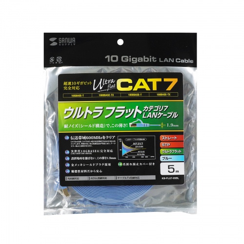 LANケーブル（CAT7・5m・フラット・薄型・カテ7・カテゴリ-7・10Gbps・STP・ブルー）