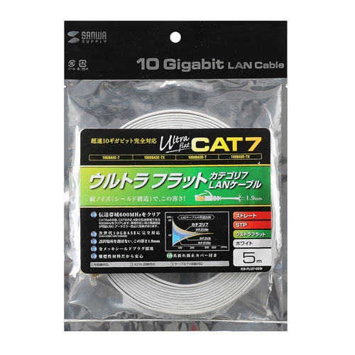 CAT7ウルトラフラットLANケーブル（5m・ホワイト） サンワサプライ　KB-FLU7-05W