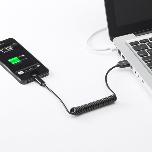 【アウトレット･訳あり・セール】lightningケーブル(カールコード・ブラック) iPhone 5s・5c対応 サンワサプライ