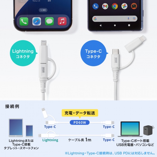 USB Type-Cケーブル（Lightning変換・2in1・PD60W対応・USB2.0・MFi認証品・iPhone16・iPhone14以前・データ転送・充電・1m・ホワイト）