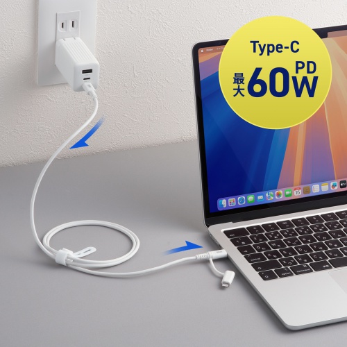 USB Type-Cケーブル（Lightning変換・2in1・PD60W対応・USB2.0・MFi認証品・iPhone16・iPhone14以前・データ転送・充電・1m・ホワイト）