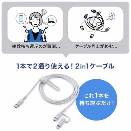 USB Type-Cケーブル（Lightning変換・2in1・PD60W対応・USB2.0・MFi認証品・iPhone16・iPhone14以前・データ転送・充電・1m・ホワイト）