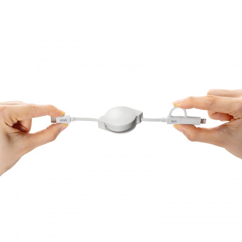 2in1 USBケーブル（巻き取り式・80cm・Lightning・Type-Cコネクタ・MFi認証品・ホワイト・充電ケーブル PD対応 iPhone・タブレット・スマートフォン対応）