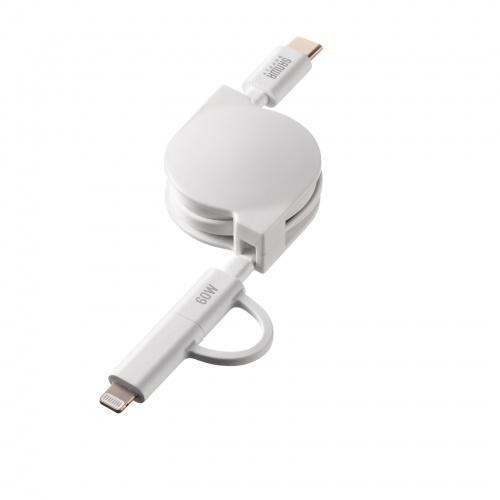 2in1 USBケーブル（巻き取り式・80cm・Lightning・Type-Cコネクタ・MFi認証品・ホワイト・充電ケーブル PD対応 iPhone・タブレット・スマートフォン対応）