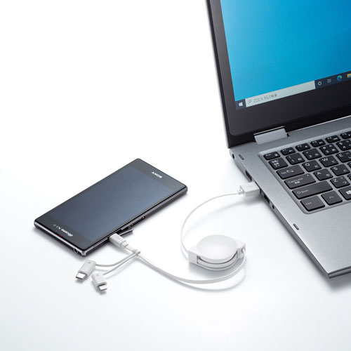 巻取りUSBケーブル（ライトニング・TypeC・microUSB-B・3in1・0.8m・ホワイト）