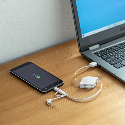 巻取りUSBケーブル（ライトニング・TypeC・microUSB-B・3in1・0.8m・ホワイト）