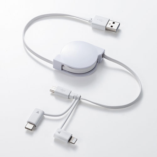 巻取りUSBケーブル（ライトニング・TypeC・microUSB-B・3in1・0.8m・ホワイト）