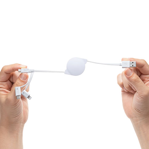 巻取りUSBケーブル（ライトニング・TypeC・microUSB-B・3in1・0.8m・ホワイト）