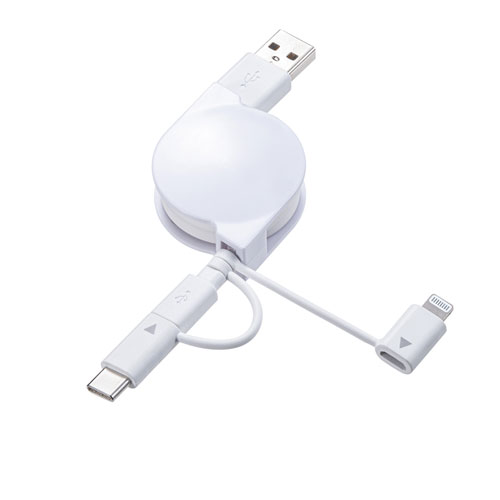 巻取りUSBケーブル（ライトニング・TypeC・microUSB-B・3in1・0.8m・ホワイト）