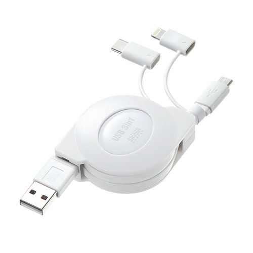 ライトニング・Type-C・microB ケーブル（巻取り・3in1・充電・データ通信・1本3役・3Way・1.2m）