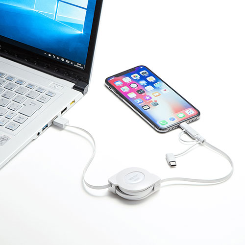 ライトニング・Type-C・microB ケーブル（巻取り・3in1・充電・データ通信・1本3役・3Way・1.2m）