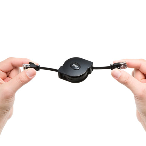 CAT6用LANケーブル（自動巻き取り・フラット・ブラック・最大1.5m）