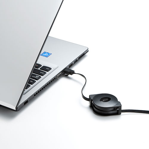 CAT6用LANケーブル（自動巻き取り・フラット・ブラック・最大1.5m）