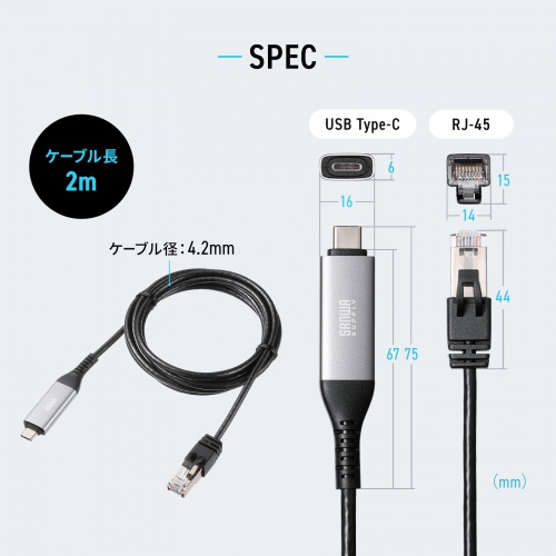 USB Type-C LAN変換ケーブル（カテゴリ6・1Gbps・ギガビット・C to LAN・MACアドレスパススルー対応・ビデオ通話・ゲーム・2m）