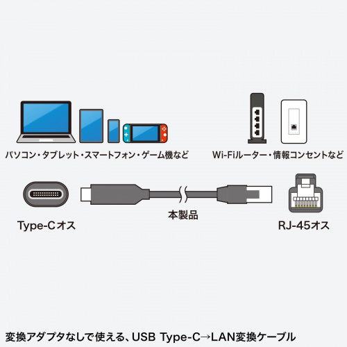 USB Type-C LAN変換ケーブル（カテゴリ6・1Gbps・ギガビット・C to LAN・MACアドレスパススルー対応・ビデオ通話・ゲーム・2m）