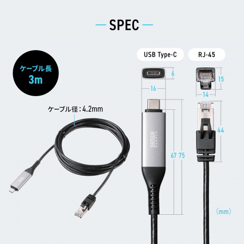 USB Type-C LAN変換ケーブル（カテゴリ6・1Gbps・ギガビット・C to LAN・MACアドレスパススルー対応・ビデオ通話・ゲーム・3m）