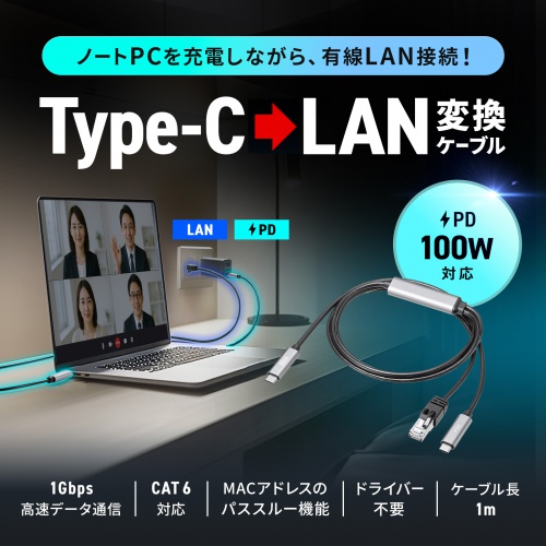 USB Type-C LAN変換ケーブル（PD100W充電・1m・カテゴリ6A・1Gbps・ギガビット C to LAN・MACアドレスパススルー対応・ビデオ通話・ゲーム）