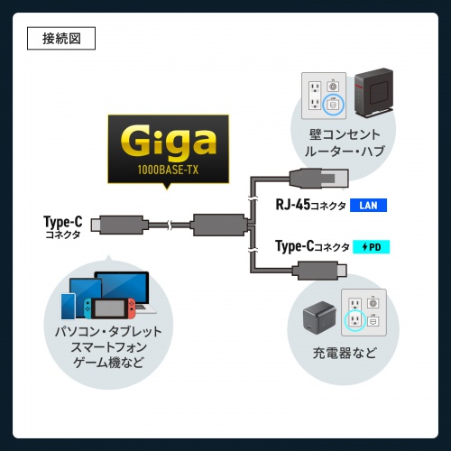 USB Type-C LAN変換ケーブル（PD100W充電・2m・カテゴリ6A・1Gbps・ギガビット・C to LAN・MACアドレスパススルー対応・ビデオ通話・ゲーム）