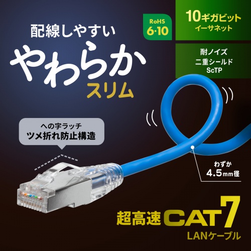 カテゴリ7LANケーブル（への字ラッチ・2m・スリムケーブル・ツメ折れ防止・やわらかLANケーブル・10Gbps・より線・RJ45・ブルー） KB-SL7YS-02BL サンワサプライ