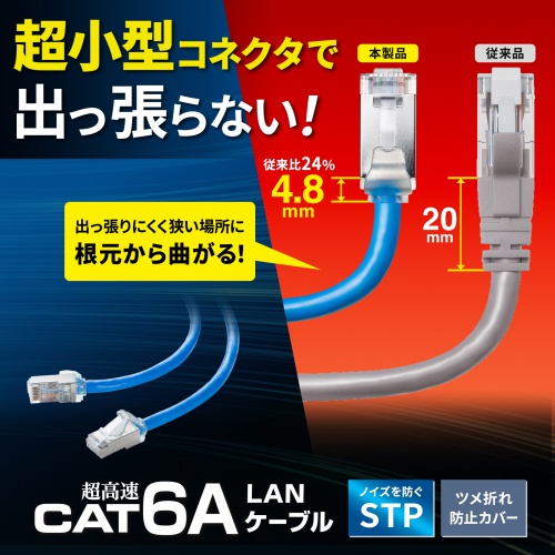 カテゴリ6A STP LANケーブル（超ショートブーツ・ツメ折れ防止カバー・CAT6A・ブルー・25cm）
