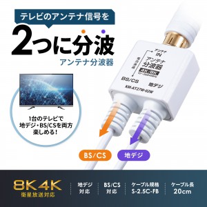 アンテナ分波器（4K対応・8K対応・地デジ対応・BS/CS対応・一体型・出力ケーブル20cm×2本）