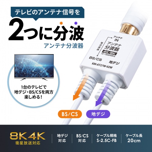 アンテナ分波器（4K対応・8K対応・地デジ対応・BS/CS対応・一体型・出力ケーブル20cm×2本）