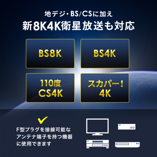 アンテナ分配器（4K対応・8K対応・地デジ対応・BS/CS対応・一体型・出力ケーブル50cm×2本）