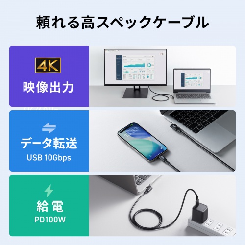 USB-C Type-Cケーブル(片側L字コネクタ・2m・PD100W・10Gbps・4K/60Hz映像出力・高速データ転送・ブラック)