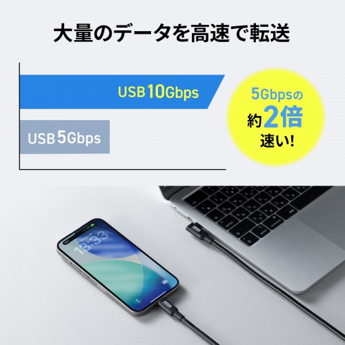 USB-C Type-Cケーブル(片側L字コネクタ・2m・PD100W・10Gbps・4K/60Hz映像出力・高速データ転送・ブラック)