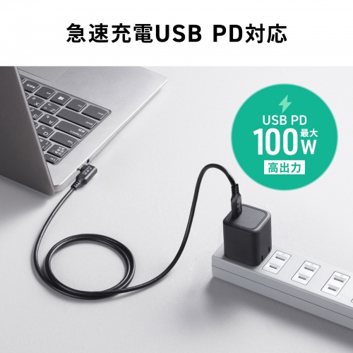 USB-C Type-Cケーブル(片側L字コネクタ・2m・PD100W・10Gbps・4K/60Hz映像出力・高速データ転送・ブラック)