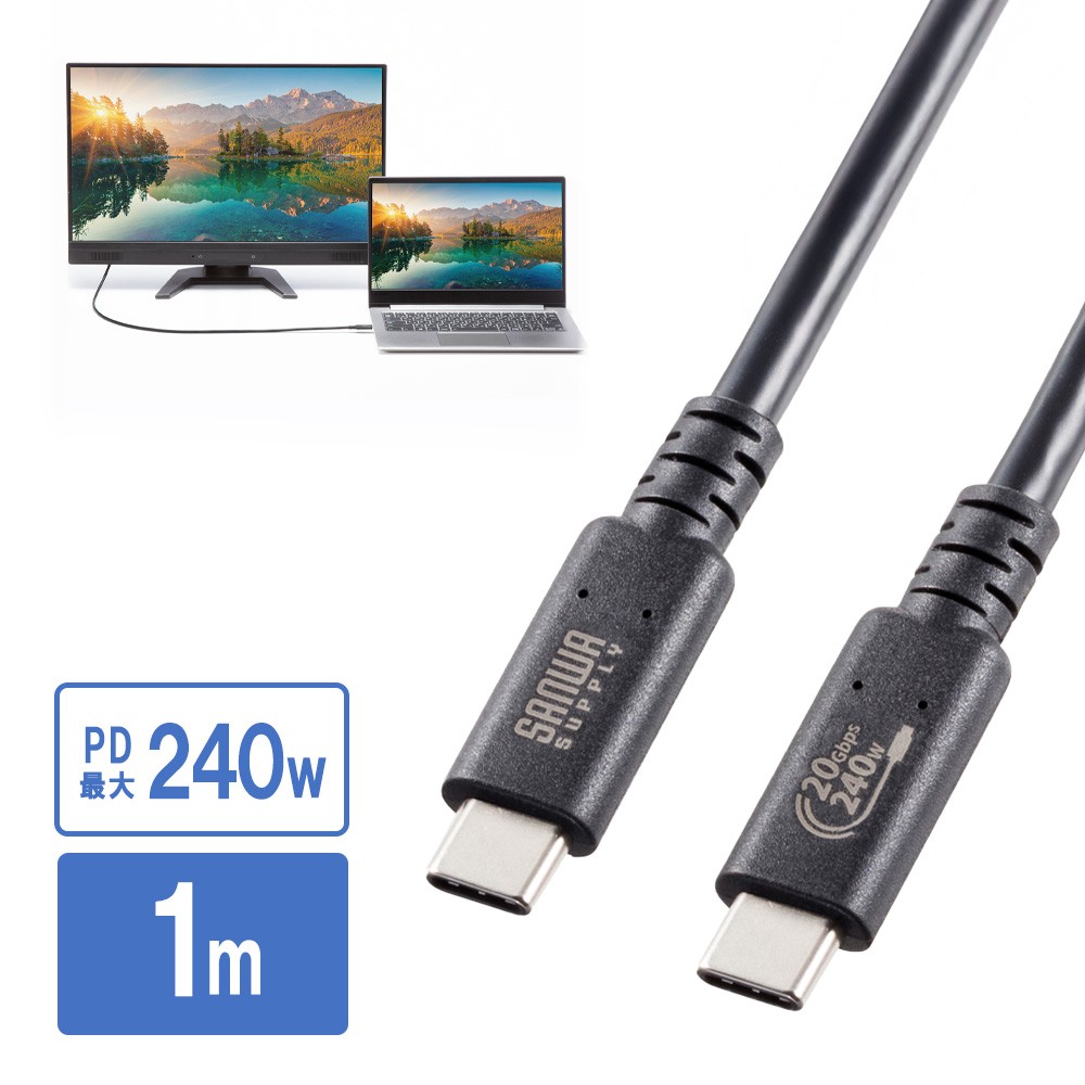 USB4 ケーブル（240W対応・1m・Type C・20Gbps・USB認証取得・ブラック） KU-20GCCPE10 サンワサプライ
