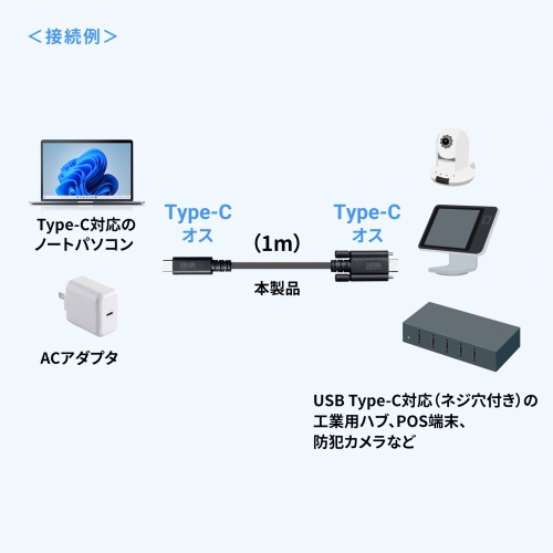 USB Type-Cケーブル（PD240W対応・DisplayPort Altモード対応・4K60Hz・抜け止め防止・デュアルスクリューロック・産業用・3重シールド構造・1m）