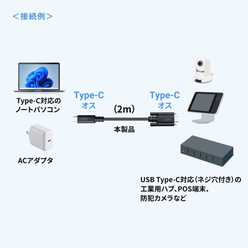 USB Type-Cケーブル（PD240W対応・DisplayPort Altモード対応・4K60Hz・抜け止め防止・デュアルスクリューロック・産業用・3重シールド構造・2m）