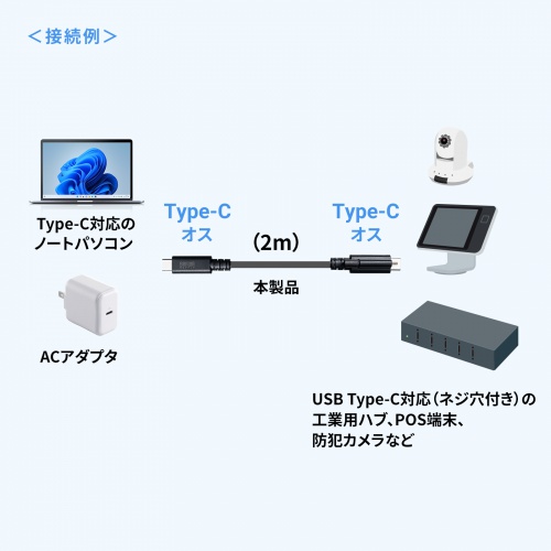 USB Type-Cケーブル（USB PD240W対応・DisplayPort Altモード対応・4K60Hz・抜け止め防止・シングルスクリューロック・産業用・3重シールド構造・2m）