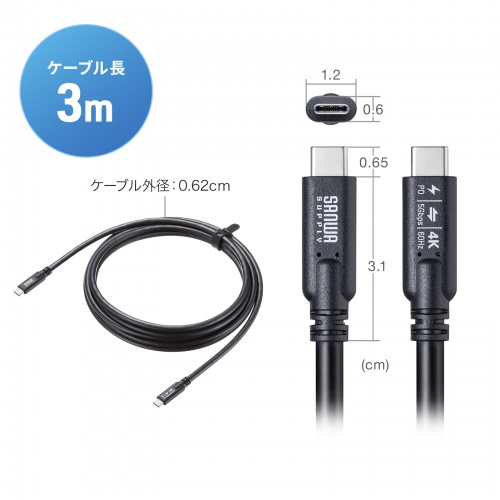 USB Type-Cケーブル（USB-Cケーブル・3m・PD100W・4K/60Hz映像出力・USB5Gbps・C-C・DP Alt Mode・電子黒板・ブラック）