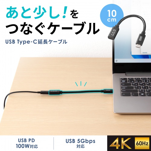 Type-C延長ケーブル（PD100W・Altモード対応・最大4K60hz対応・USB5Gbps（USB3.2 Gen1）・3重シールド構造・金メッキピン・約0.1m）