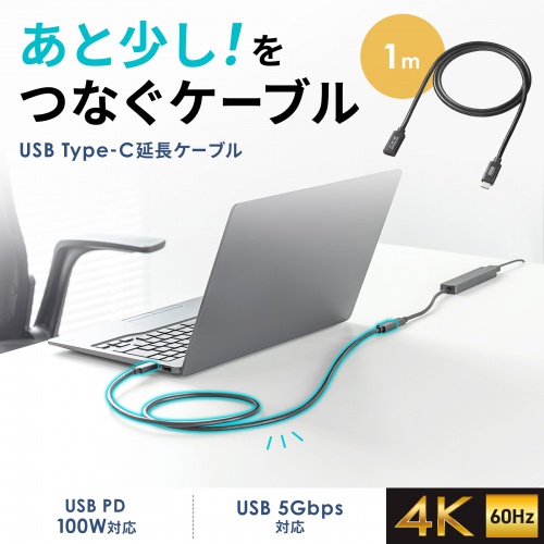 Type-C延長ケーブル（PD100W・Altモード対応・最大4K60hz対応・USB5Gbps（USB3.2 Gen1）・3重シールド構造・金メッキピン・約1m）