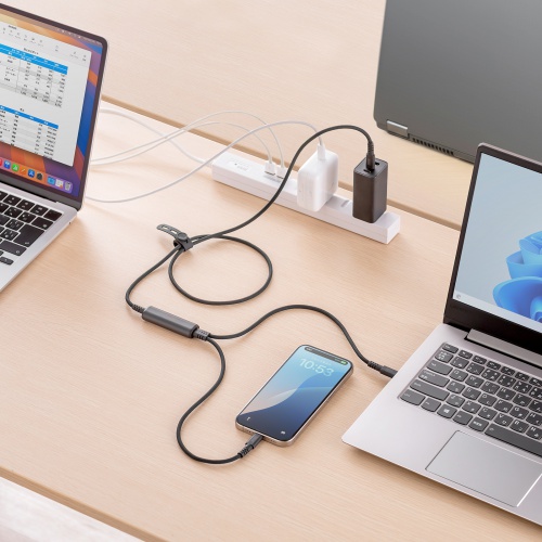 USB Type-Cケーブル（急速充電・PD100W・2-in-1 2台同時充電・データ通信・二股・シリコンケーブル・ケーブルタイ付き・1.2m・ブラック）