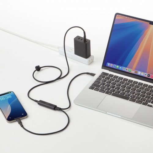 USB Type-Cケーブル（急速充電・PD100W・2-in-1 2台同時充電・データ通信・二股・シリコンケーブル・ケーブルタイ付き・1.2m・ブラック）