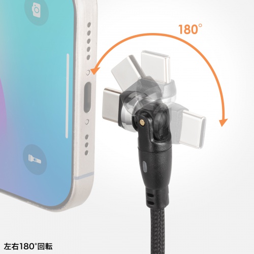 タイプCケーブル（1.8m・540度。回転・PD対応・100W・おすすめ） KU-CCP100KA18BK サンワサプライ