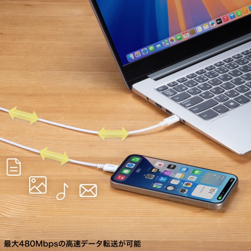 Type-Cケーブル（USB2.0・480Mbps・最大PD60W・USB-IF認証品・約2m・ホワイト）