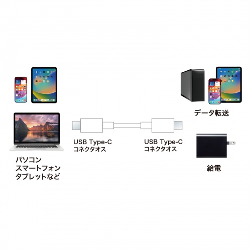 Type-Cケーブル（USB2.0・480Mbps・最大PD60W・USB-IF認証品・約2m・ホワイト）