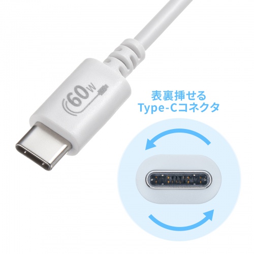 Type-Cケーブル（USB2.0・480Mbps・最大PD60W・USB-IF認証品・約2m・ホワイト）